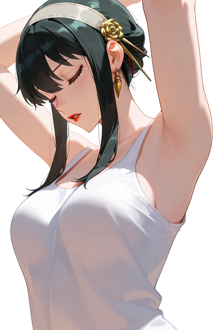 masterpiece,best quality,amazing quality,yor briar, 1girl, armpits, arms up, black hair, breasts, closed eyes, grey hairband, hairband, medium breasts, parted lips, red lips, sidelocks, solo, tank top, white tank top