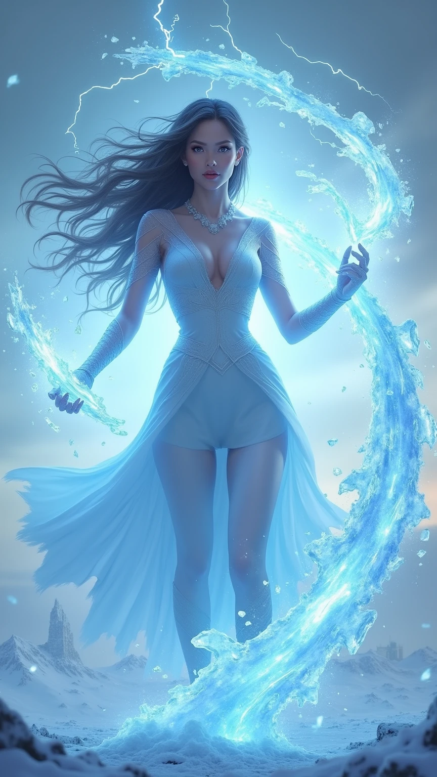 a glamour picture shot, of an elite model covered in fire walking on a icy catwalk, an extraordinary glamourous elite female model, ((full body: 1.5)),  ((anatomically correct: 1.5), (ultra detailed face: 1.2), best detailed face, orange hair, long hair, lush hair, glam hair cut, blue eyes, delicate face, light make up, wearing intricate detailed dress, glamour dress, haute couture dress, elite fashion dress, FireMagicAI,  small cleavage, wearing high heels, elegant high heels, she wears diamond necklace, she is covered in fire, she walks on an icy catwalk, image reflecting in the ice IceMagicAI, elite fashion show background vibrant, Hyperrealism style, vibrant, Ultra-high resolution, High Contrast, (masterpiece:1.5), highest quality, Best aesthetics), best details, best quality, highres, ultra wide angle, 16k, [ultra detailed], masterpiece, best quality, (extremely detailed) RAW, chumbasket art style, photograph, photograph