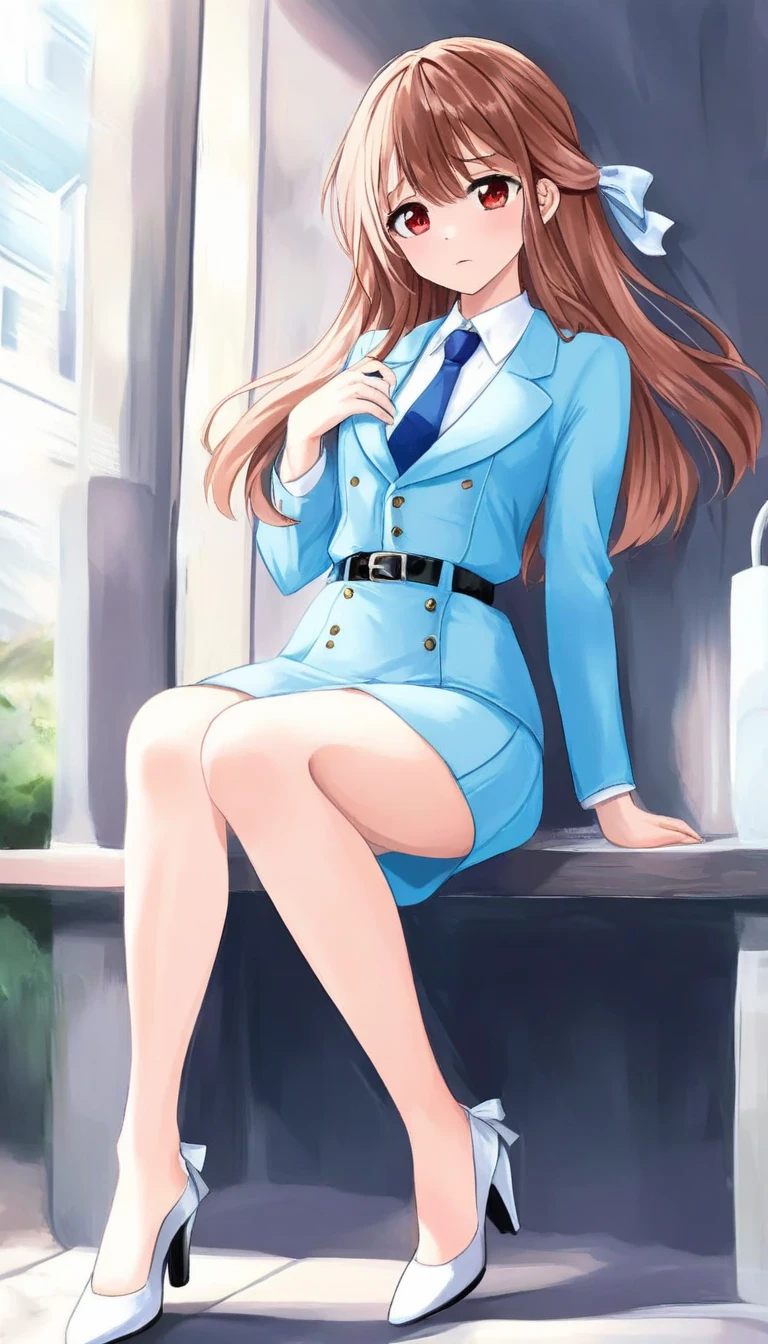 Brown Hair、 long hair、bangs、ribbon、 sad face、Red Eyes、 full body style that reflects your whole body、Normal milk、 narrow waist 、Bare legs、 in a suit、Light blue jacket, collared shirt 、 white shirt、 blue tie,belt, light blue tight skirt ,white heel pumps、