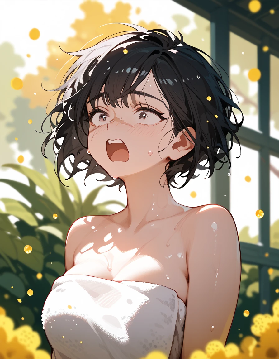 girl,beautiful,Short hair,Black hair,Pollen white eye, Medium Bust ,cute, sweating,, there's a scar on the face.,There's a sweat towel , Nose Scar,Open your mouth,, act shocked