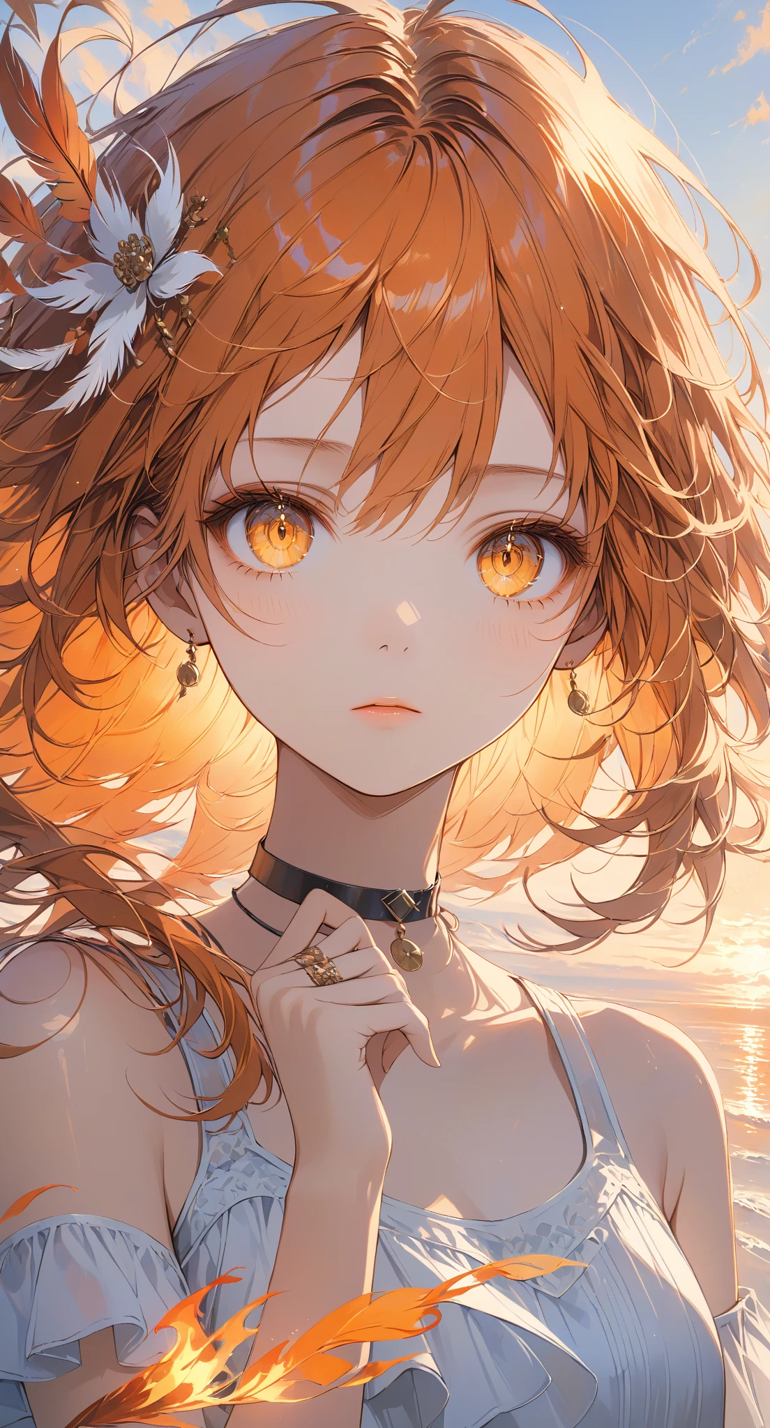 Masterpiece, high quality, high resolution, 16K, highly detailed background, digital painting, unreal engine, Makoto Shinkai illustration, hyperrealistic, fantasy, petite girl, beautiful face, beautiful skin, long eyelashes, beautiful eyes, full body, orange hair, messy hair, reddish tint towards the tips, feather hair ornament, golden eyes, flame pattern around eyes, fair skin, flame pattern on hands and arms, tank top and skirt, white and orange colored clothes, transparent material, choker, expressionless face, phoenix perched on her shoulder, burning sunset