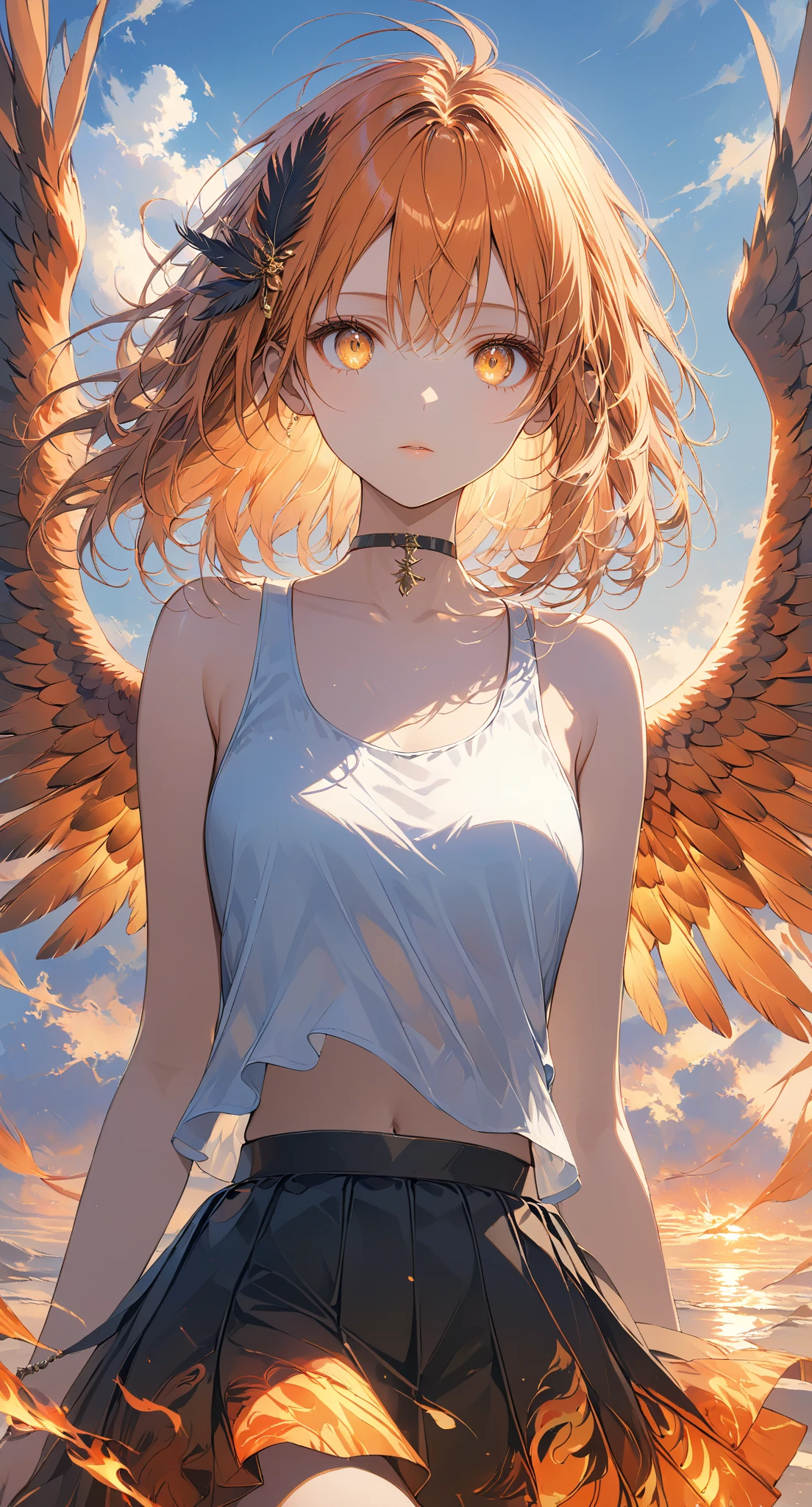 Masterpiece, high quality, high resolution, 16K, highly detailed background, digital painting, unreal engine, Makoto Shinkai illustration, hyperrealistic, fantasy, ite girl, beautiful face, beautiful skin, long eyelashes, beautiful eyes, full body, orange hair, messy hair, reddish tint towards the tips, feather hair ornament, golden eyes, flame pattern around eyes, fair skin, flame pattern on hands and arms, tank top and skirt, white and orange colored clothes, transparent material, choker, expressionless face, phoenix perched on her shoulder, burning sunset