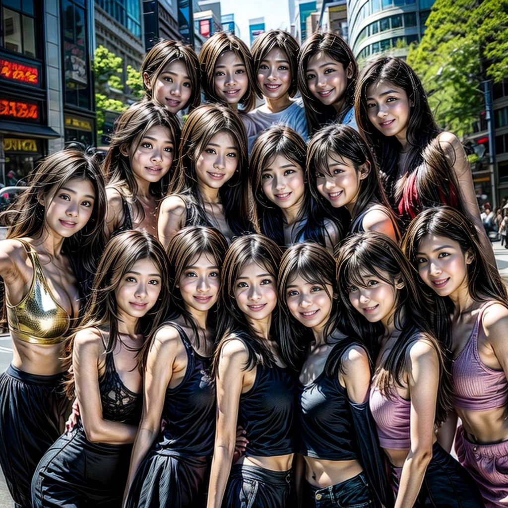 ((ExtremelyDetailed (PUNIPUNI KAWAII 12 Girls in a row:1.37) Shibuya Hachiko-mae scramble crossing)), (masterpiece 8K TopQuality:1.2) (ProfessionalPhoto:1.37), {(Standing Full Body:1.2)|Dancing}, Different types of hair colors, {(skinny(school swimwear))|SchoolUniform|Tutu}, {Corrected BabyLike hand|Hiddenhand}, (Joyful Expressions LifeLike Rendering), PerfectLighting (RainbowColor particles)(Blurred ColorfulLights) MotionBlur