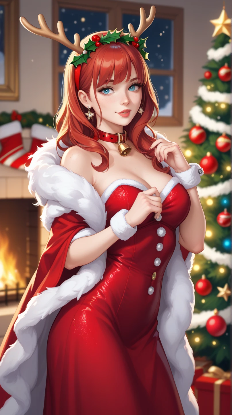 1girl, solo, masterpiece, best quality, high res, highly detailed, (illustration), beautiful detailed eyes, kasumi, red hair, pony tail, red eyes, ,lipstick, eye shadow, heavy makeup, warm smile, long white satin elbow gloves ,cowboy shot, (santa), red santa dress, full body, elbow white gloves, long white gloves, sexy poses