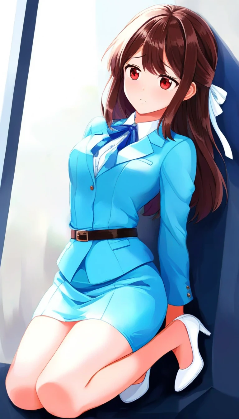 Brown Hair、 long hair、bangs、ribbon、 sad face、Red Eyes、 full body style that reflects your whole body、Normal milk、 narrow waist 、Bare legs、 in a suit、Light blue jacket, collared shirt 、 white shirt、 blue tie,belt, light blue tight skirt ,white heel pumps、