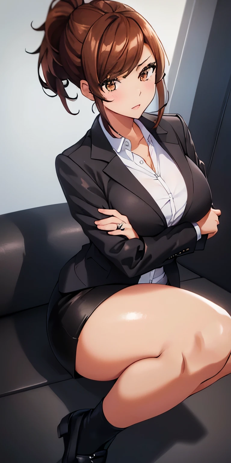 1 Female,High definition,high resolution,Ultra-realistic,8K, (Black_formal_jacket:1.3),(White_collared_shirt), jewelry, (Black_pencil_skirt), ring, cleavage,ponytail,(brown_hair:1.3), Bangs,brown eyes,short hair, large breasts,European,sexy,Photographed from the front,Dynamic Angles,(blush), (medium tits) ,(crossed arms),full body,(wide thighs:1.3)
