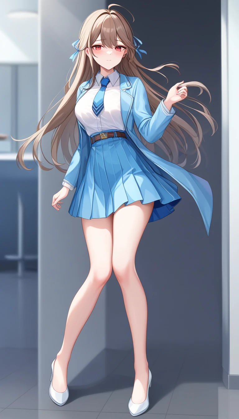 Brown Hair、 long hair、bangs、ribbon、 sad face、Red Eyes、 full body style that reflects your whole body、Normal milk、 narrow waist 、Bare legs、 in a suit、Light blue jacket, collared shirt 、 white shirt、 blue tie,belt, light blue tight skirt ,white heel pumps、