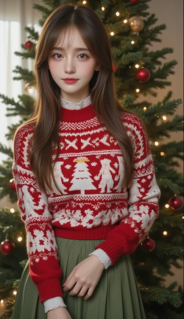  top quality、 super detailed、 very cute girl、Brown Hair、 long hair、 long straight hair、(((" Santa Claus"Red knit 、 ugly knitted sweater with the inscription )))、Christmas tree green long skirt、