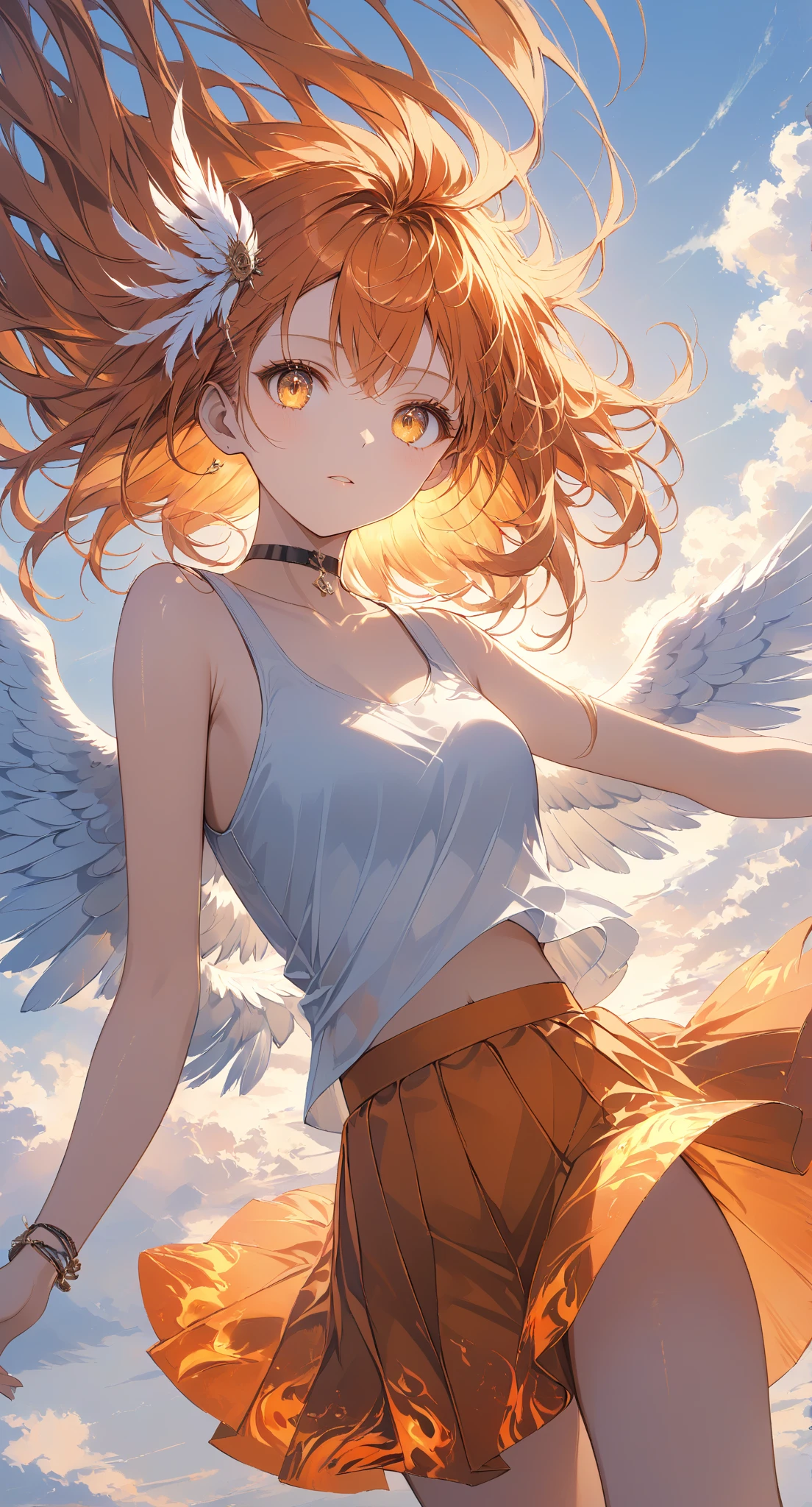 Masterpiece, high quality, high resolution, 16K, highly detailed background, digital painting, unreal engine, Makoto Shinkai's illustration, hyperrealistic, fantasy, small girl, phoenix perched on her shoulder, beautiful face, beautiful skin, long eyelashes, beautiful eyes, beautiful legs, full body, orange hair, messy hair, reddish tint to the tips of the hair, feather hairpiece, golden eyes, flame pattern in the eyes, fair skin, hands and arms, flame pattern on the arms , tank top and skirt, white and orange colored clothing, transparent material, choker, blank expression, burning sunset, dynamic angle