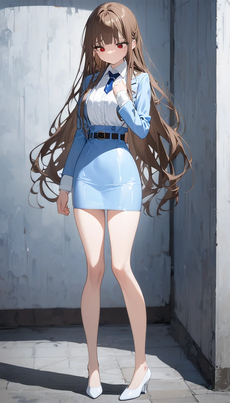 Brown Hair、 long hair、bangs、ribbon、 sad face、Red Eyes、 full body style that reflects your whole body、Normal milk、 narrow waist 、Bare legs、 in a suit、Light blue jacket, collared shirt 、 white shirt、 blue tie,belt, light blue tight skirt ,white heel pumps、