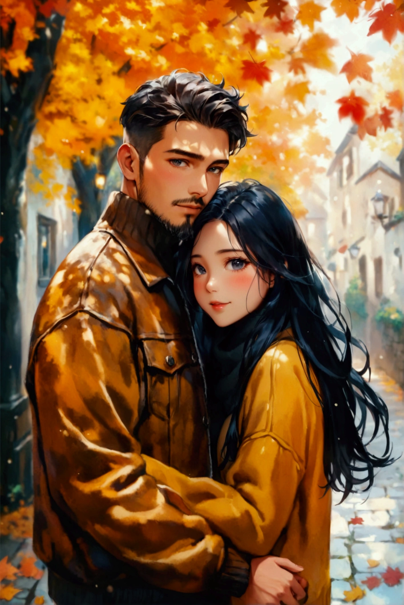 Create a scene of a cloudy autumn day in which a Caucasian man and an Asian woman is standing and hugging. The muscular Caucasian man in his thirties with short coiffed hair, neatly groomed beard, and he is dressed in a letterman jacket and jeans, while his beautiful Asian girlfriend in her twenties with black eyes is wearing a wool sweater. Her silky long black hair is flowing in the breeze. The touch of blush shows their happiness and strengthens this romantic scene of warmth, love and carefree joy. The background features a quiet medieval town while its autumn leaves creating a cozy atmosphere. height difference couple, ((international couple)), couple shot, blush, (wide view), (looking at viewer), from below, ((full body)), lovers, soft natural lights, highly detailed, very fine, add_detail:1, add_detail:0, add_detail:0.5