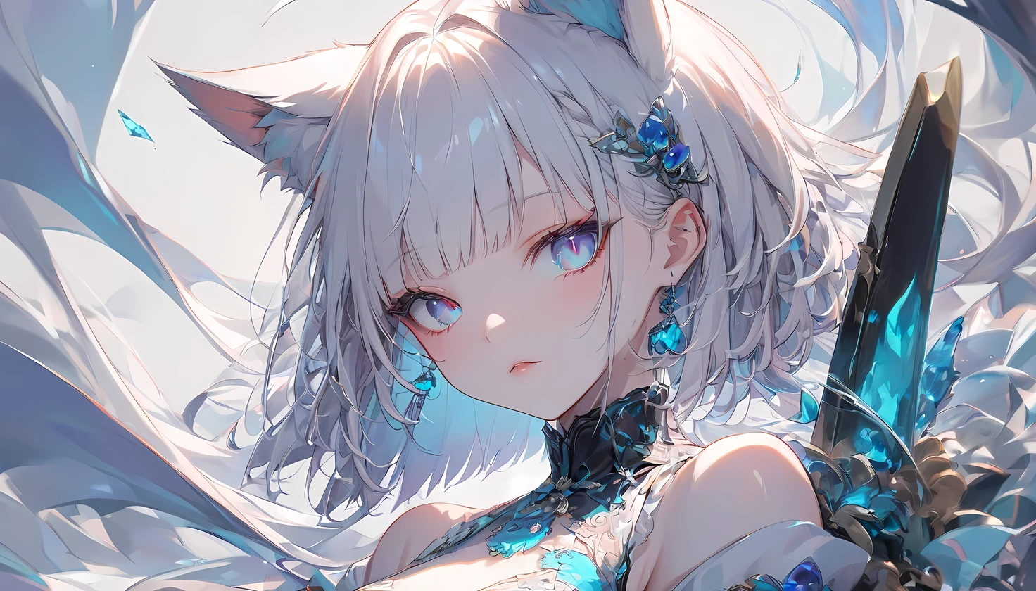 (((Best quality, 8k, Masterpiece: 1.3)), ((best quality)), ((masterpiece)), (detailed), perfect face, perfect body, (detailed skin:1.3), (intricate details), white hair, hime cut, cat ears, wolf cut hair