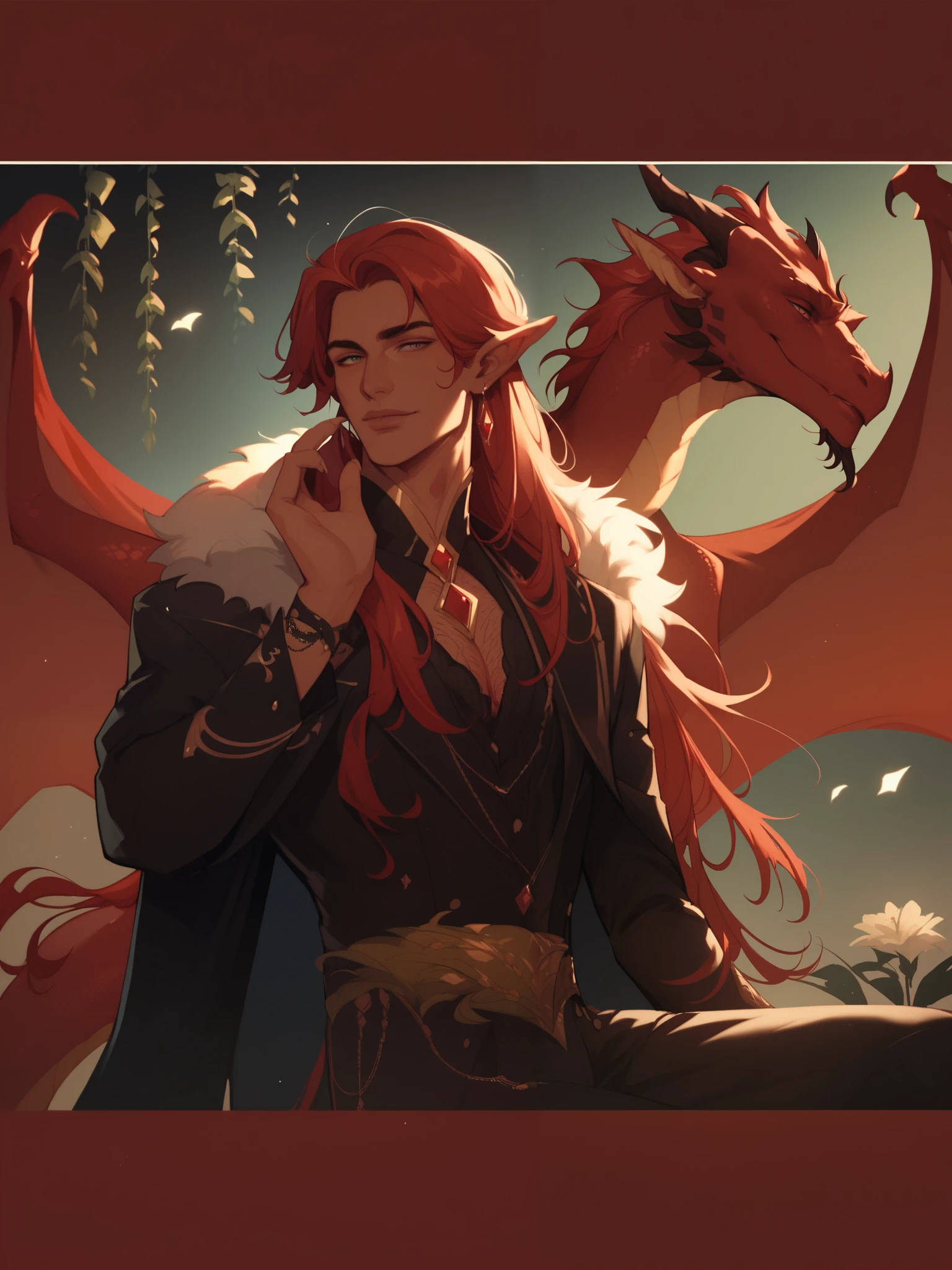 score_9, score_8_up, score_7_up, score_6_up, score_5_up,  s4b, 1boy solo, black background, greenery, huge red and gold dragon, long red hair, elegant, beautiful,High Resolution, warm hues, good lighting