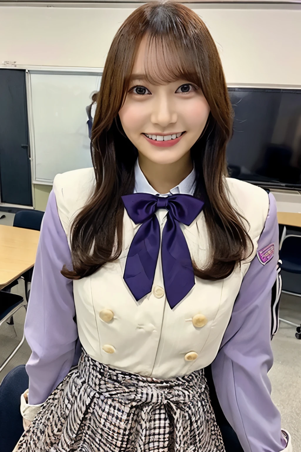 brown hair on one woman、With bangs、smile、Beautiful breasts、SlenderBody、Purple bow tie、purple blazer jacket 、I'm wearing a whiteshirt inside、Checkered mini skirt、 standing in a classroom、In school