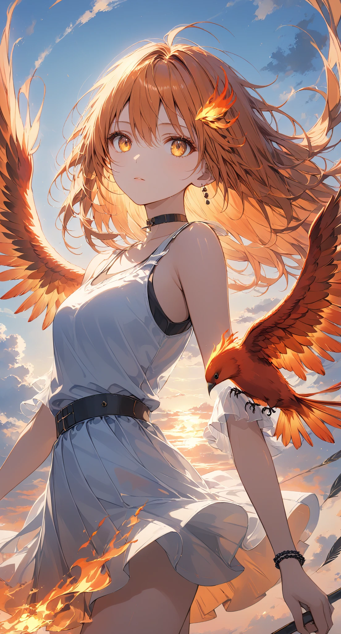 Masterpiece, high quality, high resolution, 16K, highly detailed background, digital painting, unreal engine, Makoto Shinkai illustration, hyperrealistic, fantasy, petite girl, burning firebird perched on her shoulder, beautiful face, beautiful skin, long eyelashes, beautiful eyes, beautiful legs, full body, orange hair, messy hair, reddish tint towards the tips, feather hair ornament, golden eyes, flame pattern around eyes, fair skin, flame pattern on hands and arms, tank top and skirt, white and orange colored clothing, transparent material, choker, expressionless, burning Sunset, dynamic angle