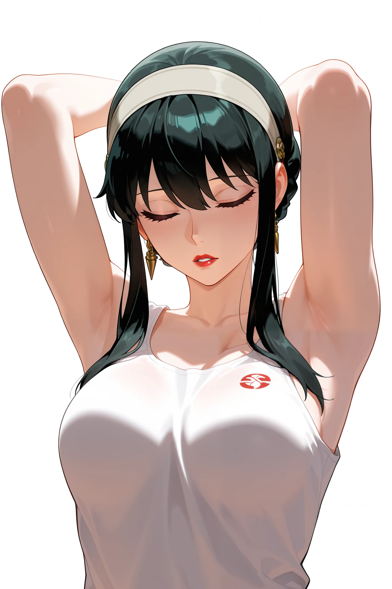 masterpiece,best quality,amazing quality,yor briar, 1girl, armpits, arms up, black hair, breasts, closed eyes, grey hairband, hairband, medium breasts, parted lips, red lips, sidelocks, solo, tank top, white tank top