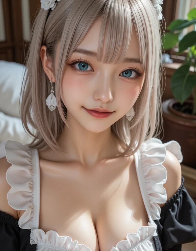 (Thin eyebrows)、(((Closed mouth)))、((Very strong sunlight))、((((Beautiful silver hair))))、((small head))、(Beautiful silver hair with short wavy:1.2)、FULL BODYSHOT、(((8K, Raw photography)))、 (((The face is Enako of a cosplayer))),(Shot from above in highly detailed 8K)、(extremely delicate and beautiful)、(​masterpiece)、(top-quality:1.0)、(超A high resolution:1.0)、realistic shadow、[hight resolution]、 Detailed skin、ultra-detailliert、(Beautiful hair)、Photorealsitic、Lifelike face、big breasts thin waist、realisticeyes、Small eyes、is looking at the camera、(((between breasts)))、(eye liner)、(mascara)、 Lips with pink lips、((The best very happy smile))、Show shoulders、Complex patterns and transparent materials、Artistic depiction of seductive women, Emphasizes her charming silhouette。The scene is、Basking in the hot sun、It makes you feel the delicate beauty and charm of nature。(((intricate detailes))、high détails、gargantilha、NSFW,((top-quality、8K、​masterpiece:1.3))、Crisp focus:1.2、 (((Enameled purple and silver corset)))、