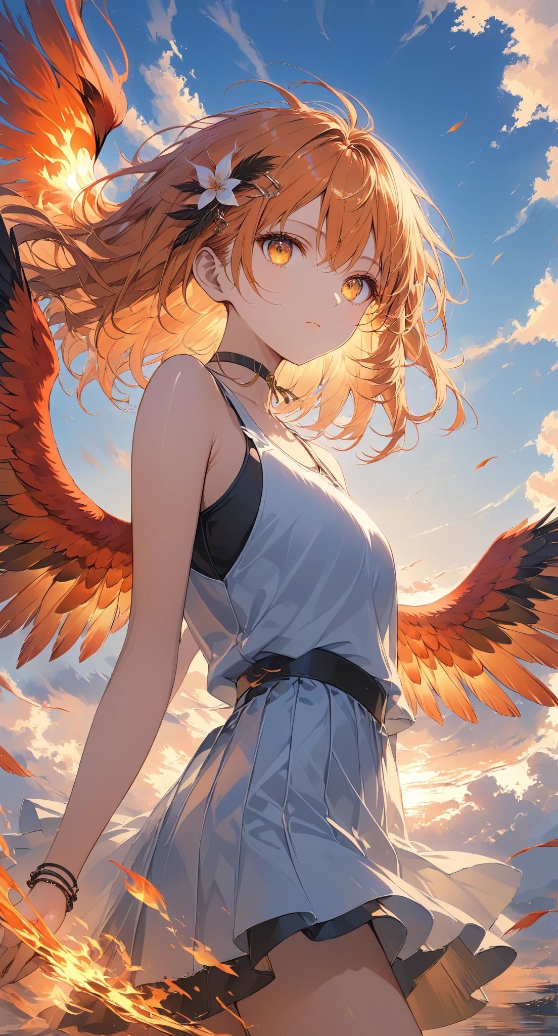 Masterpiece, high quality, high resolution, 16K, highly detailed background, digital painting, unreal engine, Makoto Shinkai illustration, hyperrealistic, fantasy, petite girl, burning firebird perched on her shoulder, beautiful face, beautiful skin, long eyelashes, beautiful eyes, beautiful legs, full body, orange hair, messy hair, reddish tint towards the tips, feather hair ornament, golden eyes, flame pattern around eyes, fair skin, flame pattern on hands and arms, tank top and skirt, white and orange colored clothing, transparent material, choker, expressionless, burning Sunset, dynamic angle