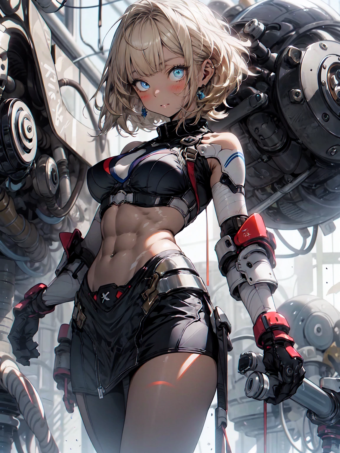 Be realistic，（masterpiece，Highest quality，Highest quality，Very detailed，Fractal Art，Most detailed，（Abstract background：1.5）（1 Girl），Kamimei，（黄色いShort Hair），（ puppet, blue eyes, Pale skin, Yellow Hair, Short Hair, Blunt bangs, Braiding,Big Breasts、Toned Abs，Stunned)、crystallization，bikini、Sexy、Machine Armor、Sunburned skin、(Black pencil skirt)