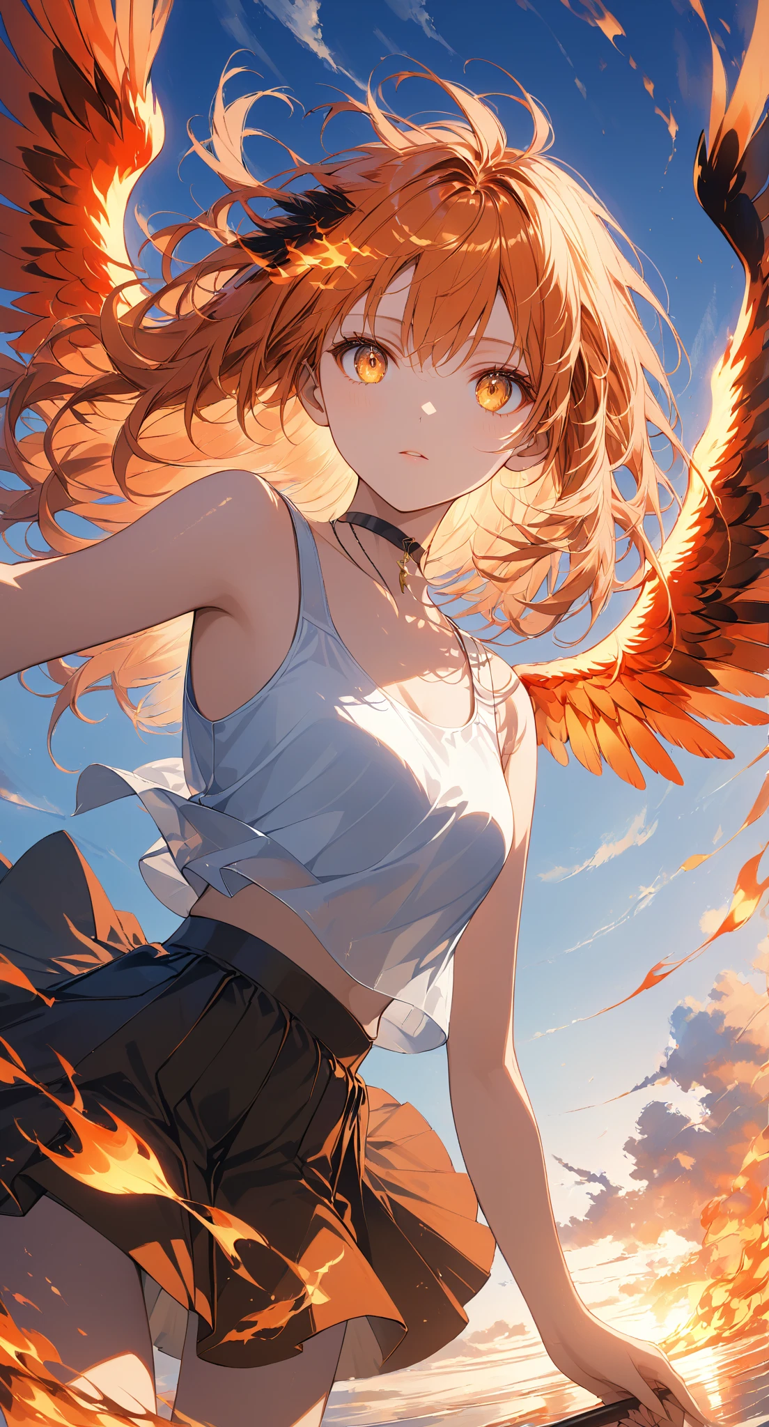 Masterpiece, high quality, high resolution, 16K, highly detailed background, digital painting, unreal engine, Makoto Shinkai illustration, hyperrealistic, fantasy, ite girl, burning firebird perched on her shoulder, beautiful face, beautiful skin, long eyelashes, beautiful eyes, beautiful legs, full body, orange hair, messy hair, reddish tint towards the tips, feather hair ornament, golden eyes, flame pattern around eyes, fair skin, flame pattern on hands and arms, tank top and skirt, white and orange colored clothing, transparent material, choker, expressionless, burning Sunset, dynamic angle