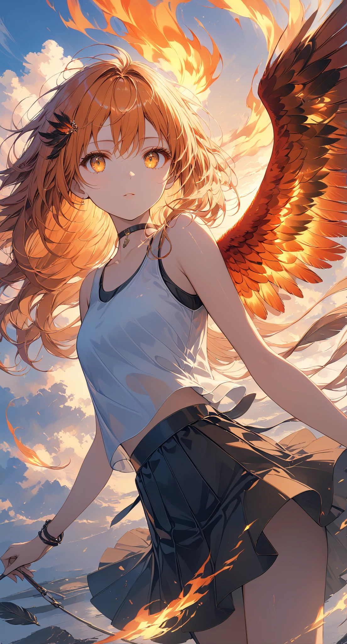 Masterpiece, high quality, high resolution, 16K, highly detailed background, digital painting, unreal engine, Makoto Shinkai illustration, hyperrealistic, fantasy, petite girl, burning firebird perched on her shoulder, beautiful face, beautiful skin, long eyelashes, beautiful eyes, beautiful legs, full body, orange hair, messy hair, reddish tint towards the tips, feather hair ornament, golden eyes, flame pattern around eyes, fair skin, flame pattern on hands and arms, tank top and skirt, white and orange colored clothing, transparent material, choker, expressionless, burning Sunset, dynamic angle