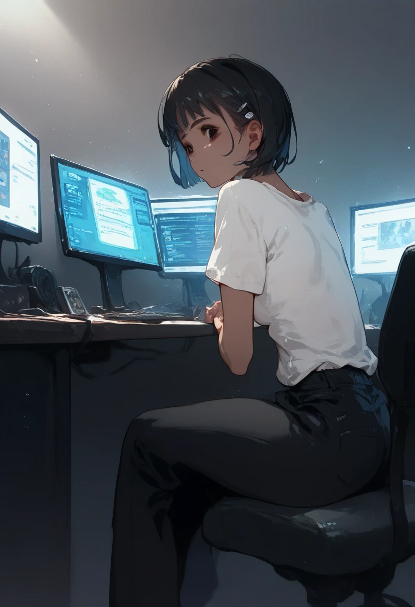 An E-cup woman with dark hair and dark eyes is sitting in a black chair, a computer is in front of her, YouTube View is on the computer screen, and the woman is wearing white short sleeves and black pants..