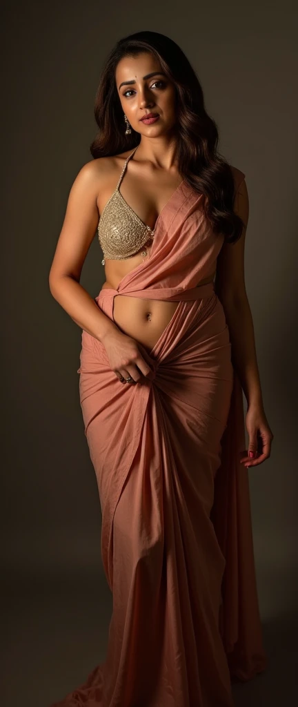 Front pose,indian milf, 35 year old showing her curvy waist and fleshy navel,(masterpiece, best quality:1.2), 1girl, solo body photo,(( tall fleshy body)),mallu body, (showing her navel), saree, breasts,cleavage, sexy long waist, brown hair, cleavage, large breasts, lips, lipstick, photorealistic, detailed facial features, surreal lighting, dramatic shadows, real life, realistic composition,sexy hip amd waist,no piercing, fleshy body and navel, looking at viewer, at home, taking selfie, navel piercing, ready for sex,  fleshy navel, no piercing