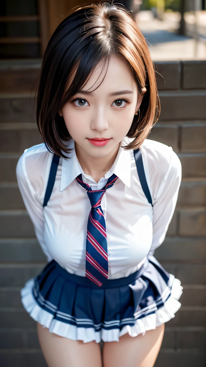 violaceaess, gardeniass, rosaceaess, (Masterpiece, Best quality:1.4), Delicate girl, Beautiful short hair, Close up, school uniform, White dress shirt, short- sleeved, dark grey pleated plaid skirt, 8K, 50mm portrait, RAW photo, absurderes, breasts focus, Large breasts, Thin arms, Very thin waist, arching back, No makeup, worried, Sophisticated, facelight, clear lighting, filmgrain, color difference, (dark red necktie:1.2), (Wet shirt:1.3), street, Bokeh, (Simple background:1.2)