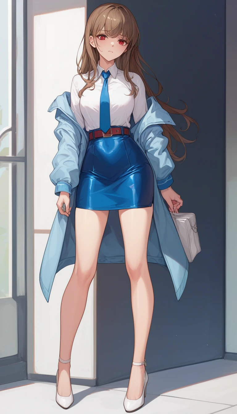 Brown Hair、 long hair、bangs、ribbon、 sad face、Red Eyes、 full body style that reflects your whole body、Normal milk、 narrow waist 、Bare legs、 in a suit、Light blue jacket, collared shirt 、 white shirt、 blue tie,belt, light blue tight skirt ,white heel pumps、Anime Images、