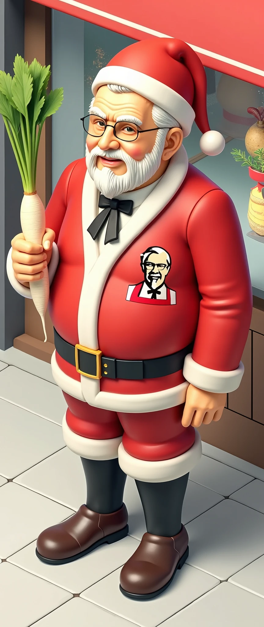 (  masterpiece on penis :1.2,Premium quality ,  Mirror Finish  ,  Cinematic Experience ,  Best Illustration :2.0),  super detailed,8k,16k,wallpaper,(Japan:2.0),(Kentucky Fried Chicken),( The statue of Kernel Sanders is wearing a Christmas costume),(The statue of Colonel Sanders is holding a radish:2.0),(The background is the shop),(Christmas and radish decorations :2.0),( 3D isometric illustrations),( cute illustration :2.0),( Minimalist ),("KFD":2.0)