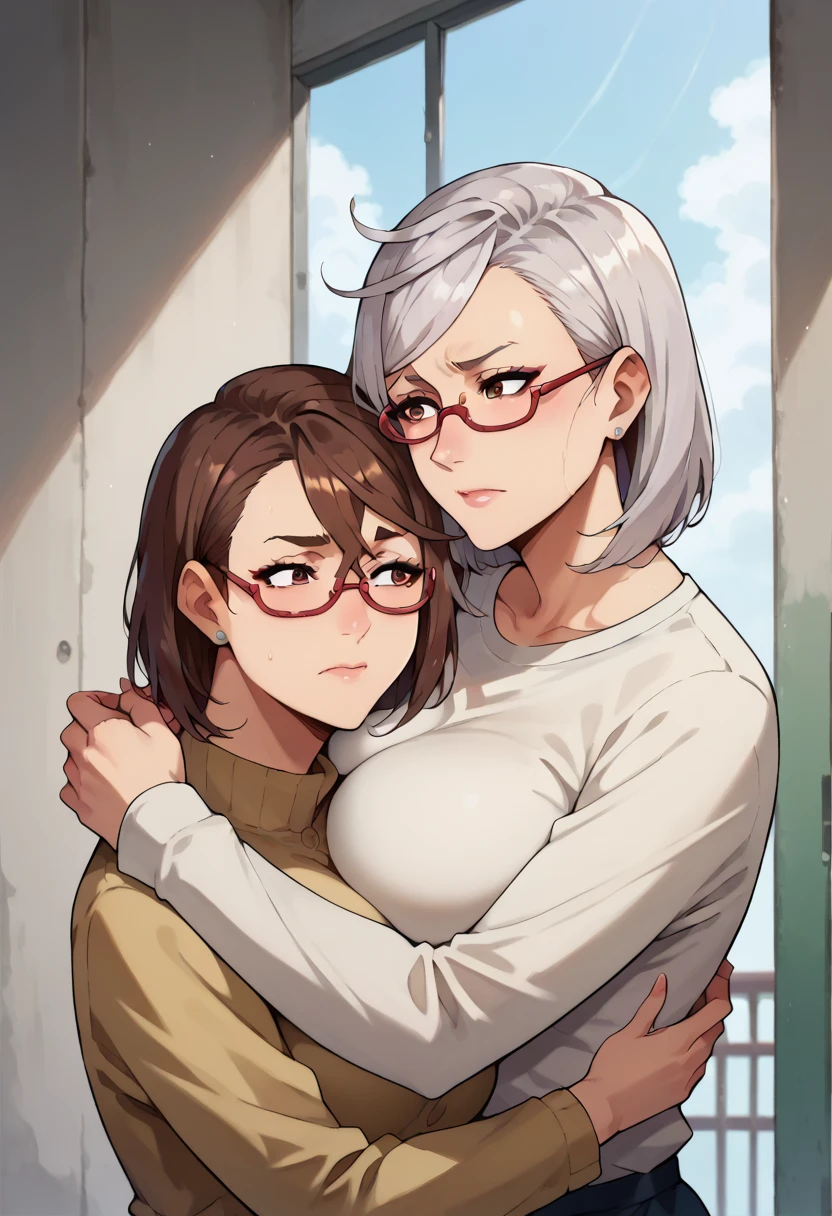 2girl, hug each other, BREAK, 1girl,  seiko ayase, mature female, grey hair, brown eyes, glasses,  top knot, BREAK, ayase_wz, medium hair, brown hair, brown eyes, large breasts,