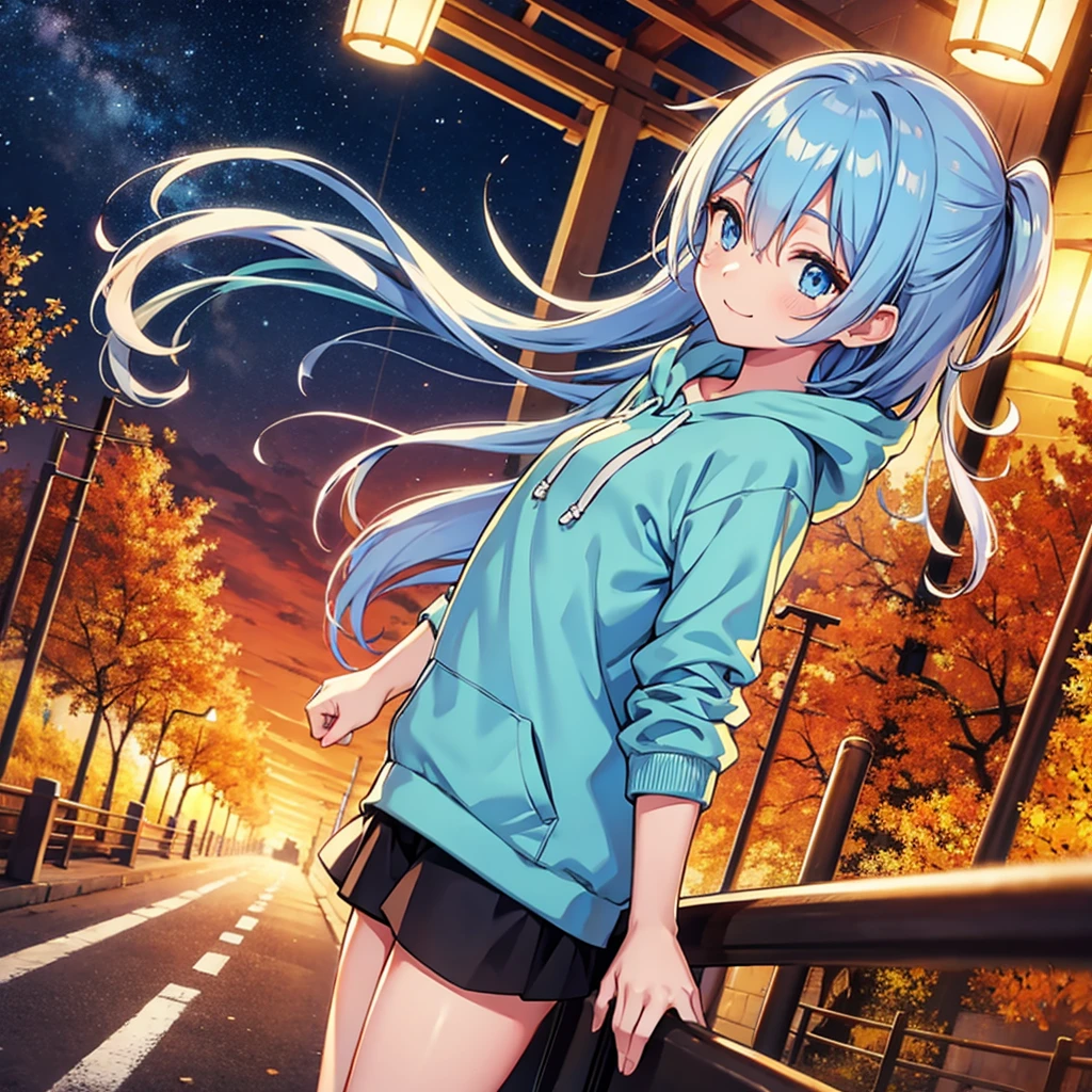 urban under bridge, autumn night sky, 1girl, solo, bartende, light blue hair, long hair, light blue eyes, flat chest, slim figure, smile, hoodie, perfect anatomy