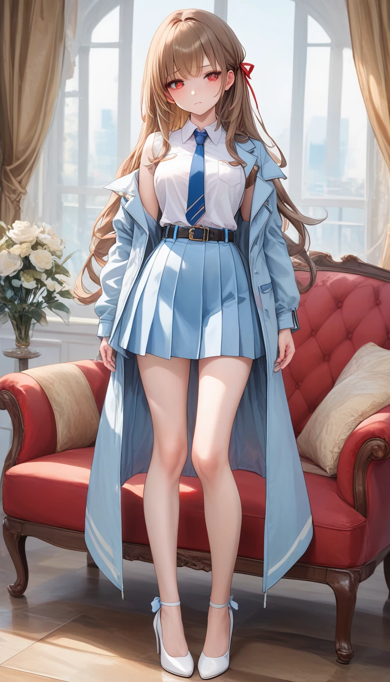 Brown Hair、 long hair、bangs、ribbon、 sad face、Red Eyes、 full body style that reflects your whole body、Normal milk、 narrow waist 、Bare legs、 in a suit、Light blue jacket, collared shirt 、 white shirt、 blue tie,belt, light blue tight skirt ,white heel pumps、Anime Images、