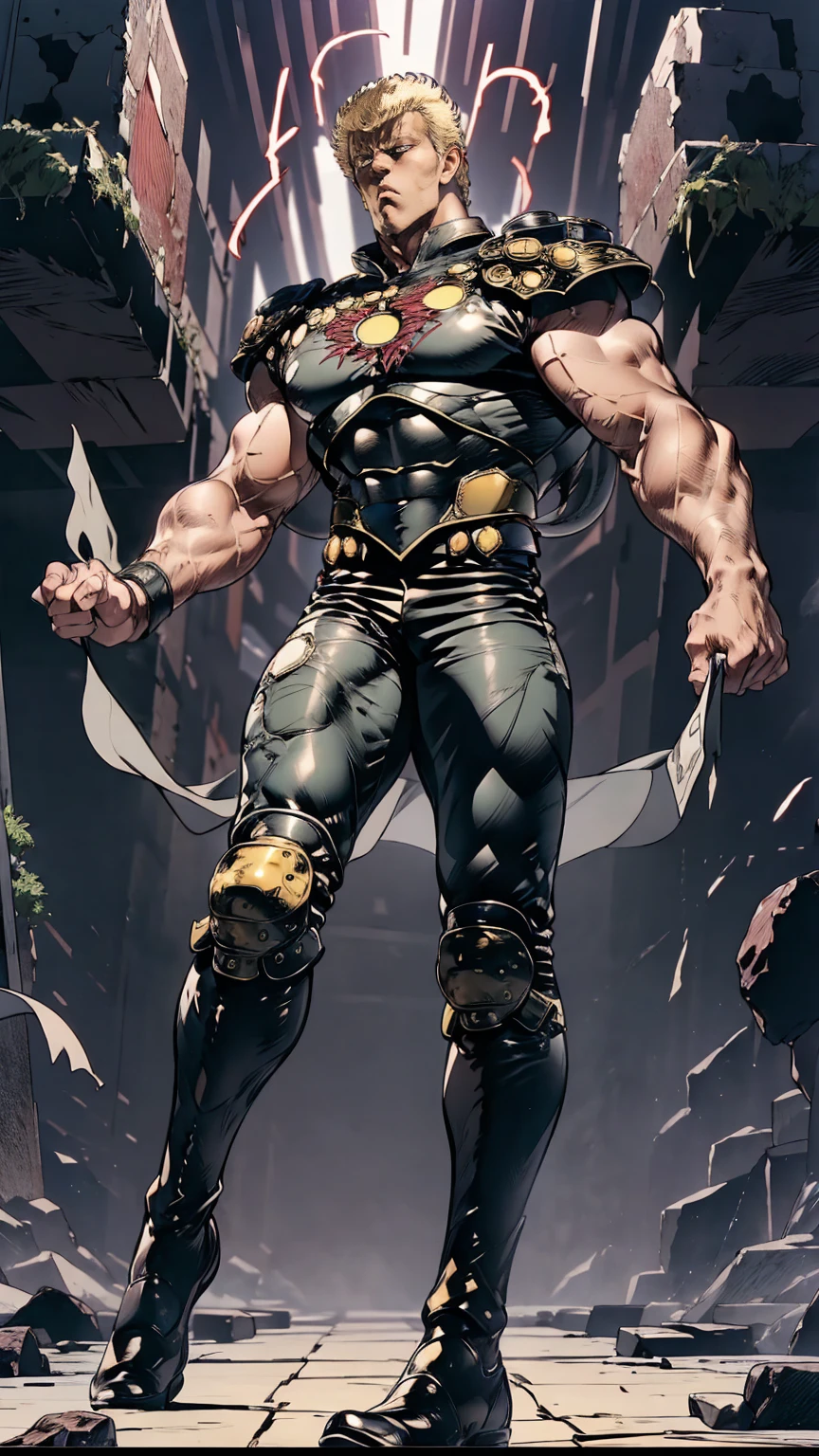 8K images、Raoh from Fist of the North Star(:1.5)、doping  、Muscular、 Leather Armor、Black leather pants 、pocket、 red cloak、 boots、The face of hatred 、 stare at me with eyes wide open、Eyes with dark eyes shining clearly 、  bodybuilder physique  、Ruins、 black background、 stand with feet shoulder-width apart 、 Flashy action pose 、Show your palm here and decide on a pose、 Full Body Discharge 、 Overflowing fighting spirit 、戦場のRuins、 wearing an aura 、Full body drawing of walking powerfully、storm