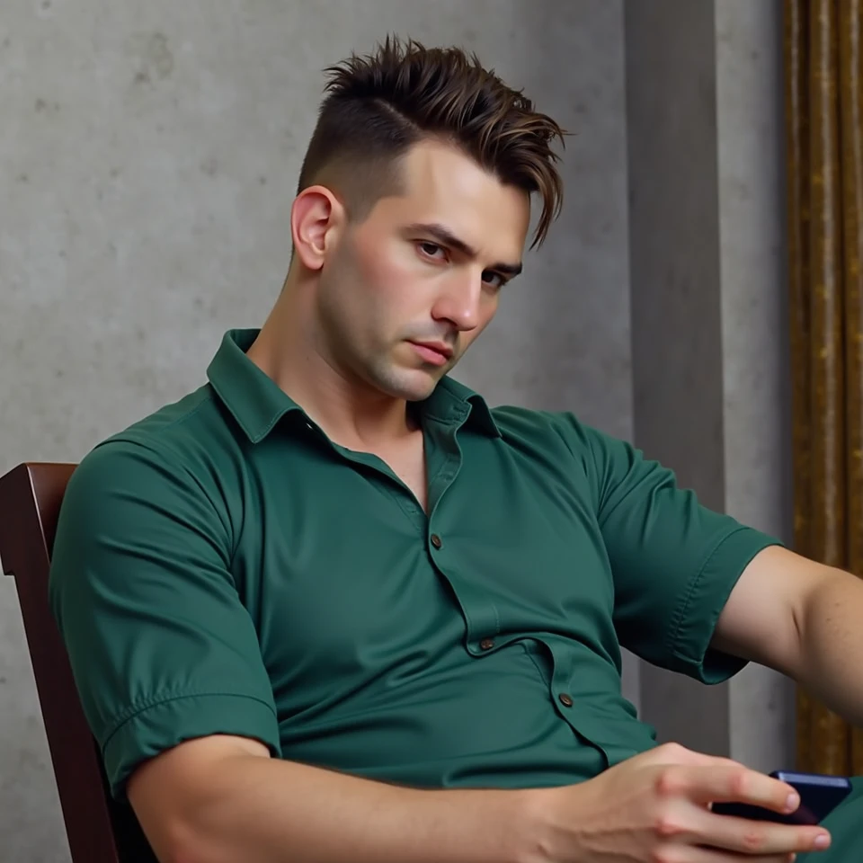 A man is sitting in front of a table in his room. Various objects scattered on the table, window behind the man, 9 photo frames drawn on one side of the window, a calendar drawn on the other side of the window, man wearing a dark green blazer, picture in 8k resolution.