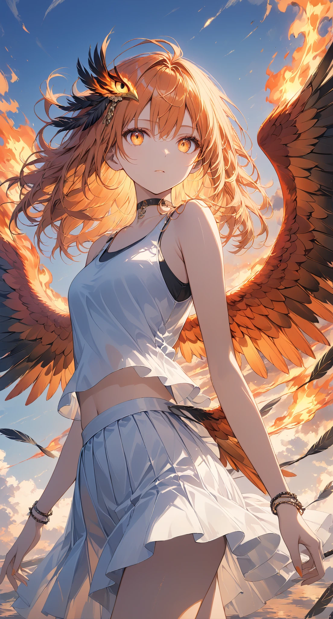 Masterpiece, high quality, high resolution, 16K, highly detailed background, digital painting, unreal engine, Makoto Shinkai illustration, hyperrealistic, fantasy, petite girl, burning fire bird, beautiful face, beautiful skin, long eyelashes, beautiful eyes, beautiful Legs, full body, orange hair, messy hair, reddish tint towards the tips, feather hairpiece, golden eyes, flame pattern around eyes, fair skin, flame pattern on hands and arms, tank top and skirt, white and orange based clothing, transparent material, choker, expressionless face, burning sunset, dynamic angle