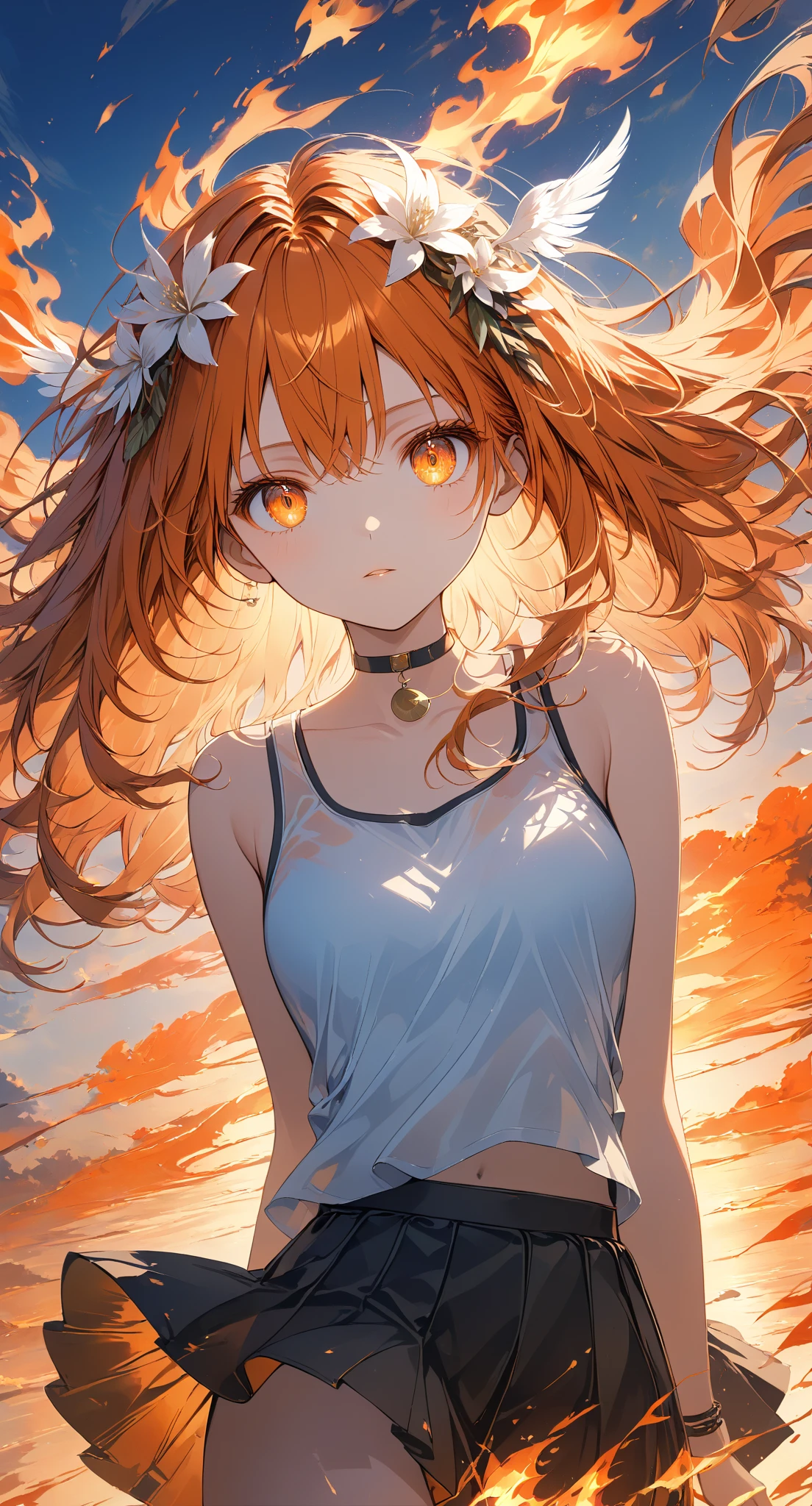 Masterpiece, high quality, high resolution, 16K, highly detailed background, digital painting, unreal engine, Makoto Shinkai illustration, hyperrealistic, fantasy, petite girl, burning fire bird, beautiful face, beautiful skin, long eyelashes, beautiful eyes, beautiful Legs, full body, orange hair, messy hair, reddish tint towards the tips, feather hairpiece, golden eyes, flame pattern around eyes, fair skin, flame pattern on hands and arms, tank top and skirt, white and orange based clothing, transparent material, choker, expressionless face, burning sunset, dynamic angle