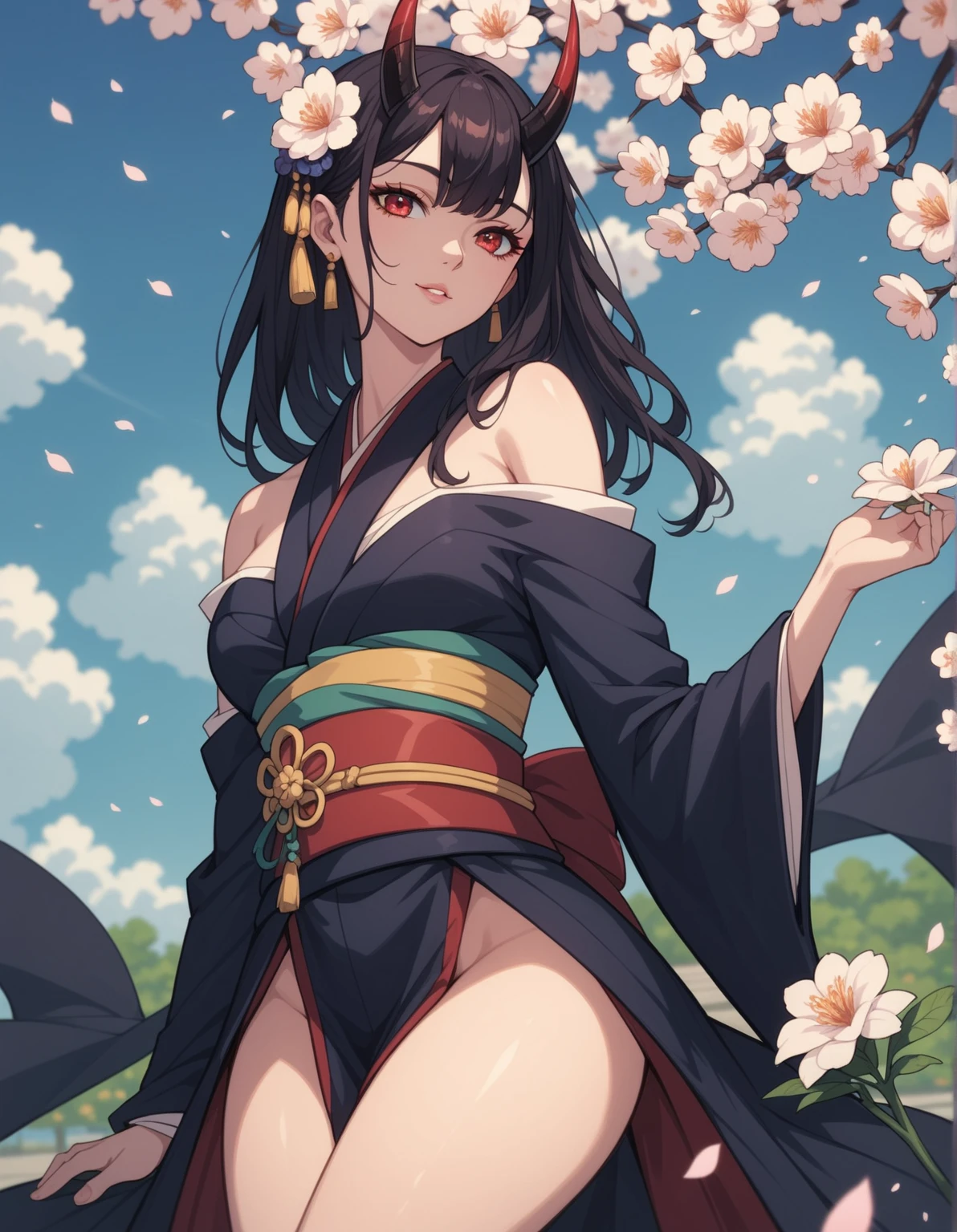 A breathtakingly beautiful anime girl with long, flowing raven-black hair that cascades down past her waist. Her almond-shaped eyes, a vivid shade of turquoise, sparkle with an ethereal glow, capturing the viewer's attention instantly. Her delicate, porcelain skin is flawless and glistening, contrasting beautifully against the deep red of her full, luscious lips. She has an hourglass figure, accentuated by a modest bust line and curvy hips. She is dressed in a traditional Japanese kimono, its intricate design of cherry blossoms and dragons expertly woven into the silk fabric. The kimono is left open at the neck, revealing a pale pink obi sash tied around her waist, and a black choker adorning her neck. Around her slender wrists are delicate, pale pink arm warmers. Her attire is completed by traditional white socks and black sandals. Against a backdrop of a serene, cloud-filled sky and a stunning sunset, the anime girl stands with her head held high, exuding confidence and grace. The image is a testament to the impeccable beauty and timeless allure of traditional Japanese art and fashion.