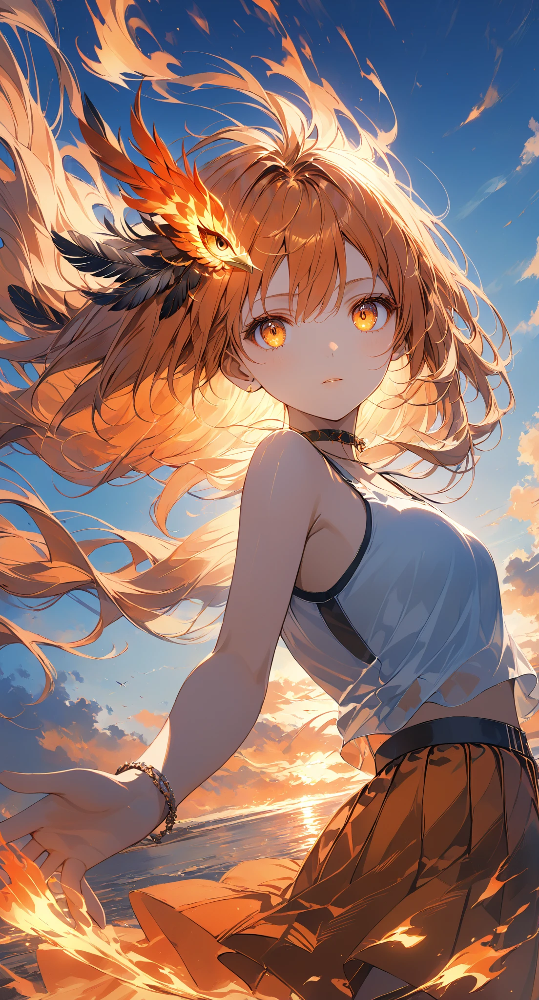 Masterpiece, high quality, high resolution, 16K, highly detailed background, digital painting, unreal engine, Makoto Shinkai illustration, hyperrealistic, fantasy, petite girl, burning fire bird, beautiful face, beautiful skin, long eyelashes, beautiful eyes, beautiful Legs, full body, orange hair, messy hair, reddish tint towards the tips, feather hairpiece, golden eyes, flame pattern around eyes, fair skin, flame pattern on hands and arms, tank top and skirt, white and orange based clothing, transparent material, choker, expressionless face, burning sunset, dynamic angle