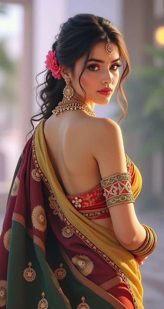 innocent, (photorealistic), (intricate details:1.2),(masterpiece, :1.3),(best quality:1.4), (ultra highres:1.2), ultra high res, (detailed eyes), (detailed facial features), HDR, 8k resolution, (lens flare:0.7), turn around, , face viwer, drshe,a close up of a woman in a purple dress with a scarf, very seductive pose, traditional beauty, very beautiful enga style, indian super model, stunning elegant pose, very pretty model, beautiful pose, gorgeous figure, candid picture, very beautiful girl, showing her shoulder from back, draped in purple and gold silk, young sensual graceful, provocative indian