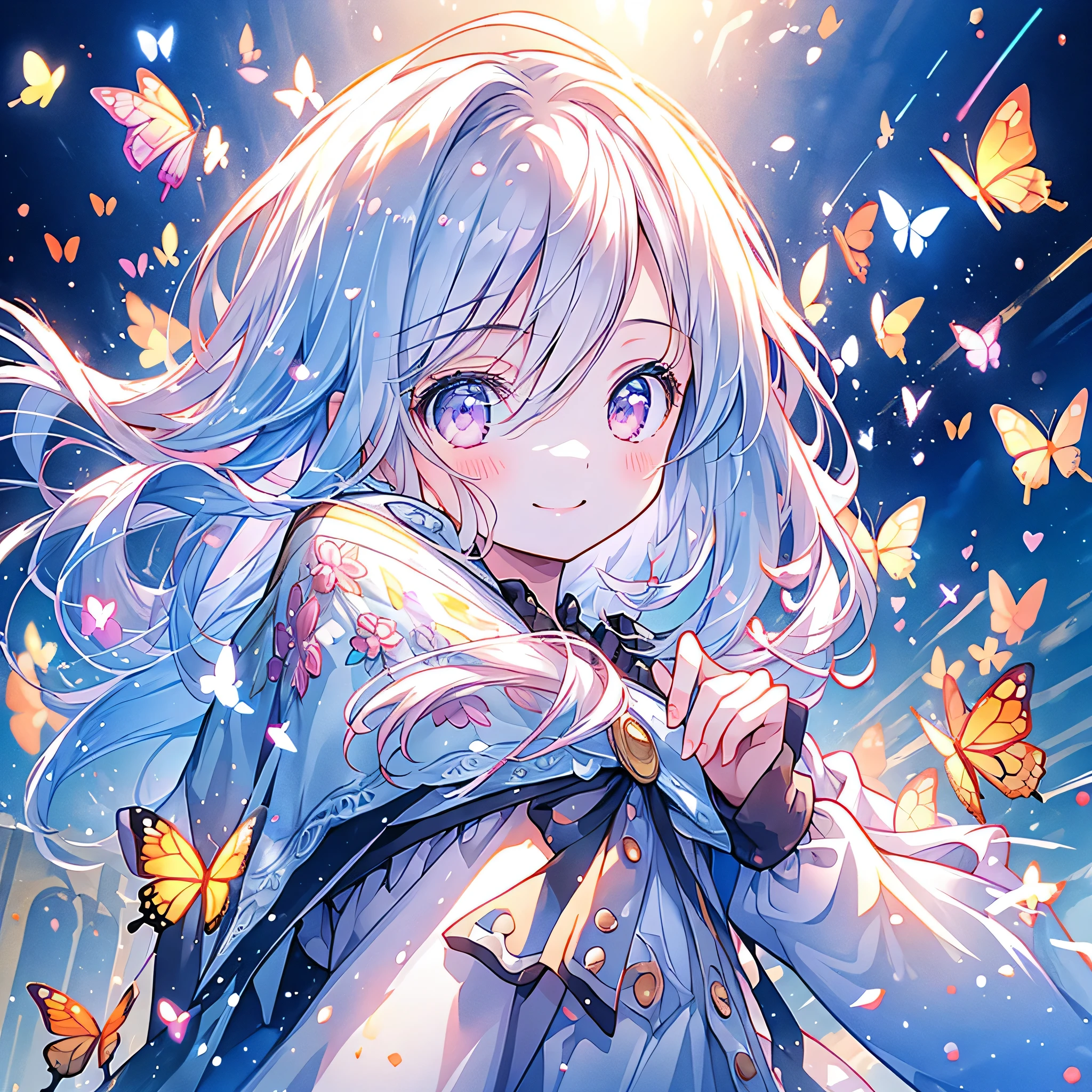 Chibi、cute、1girl, pretty face、、((( dynamic best composition with a smile and staring at the top、 top quality、 greatest masterpiece、 super detailed、 high definition)))、 absurd、 fantasy standing in a church、Looking up with a smile 、butterfly style、happiness、happiness、Fluffy、 Fractal Art of Plumeria 、 I'm surprised to see my own face in the water
