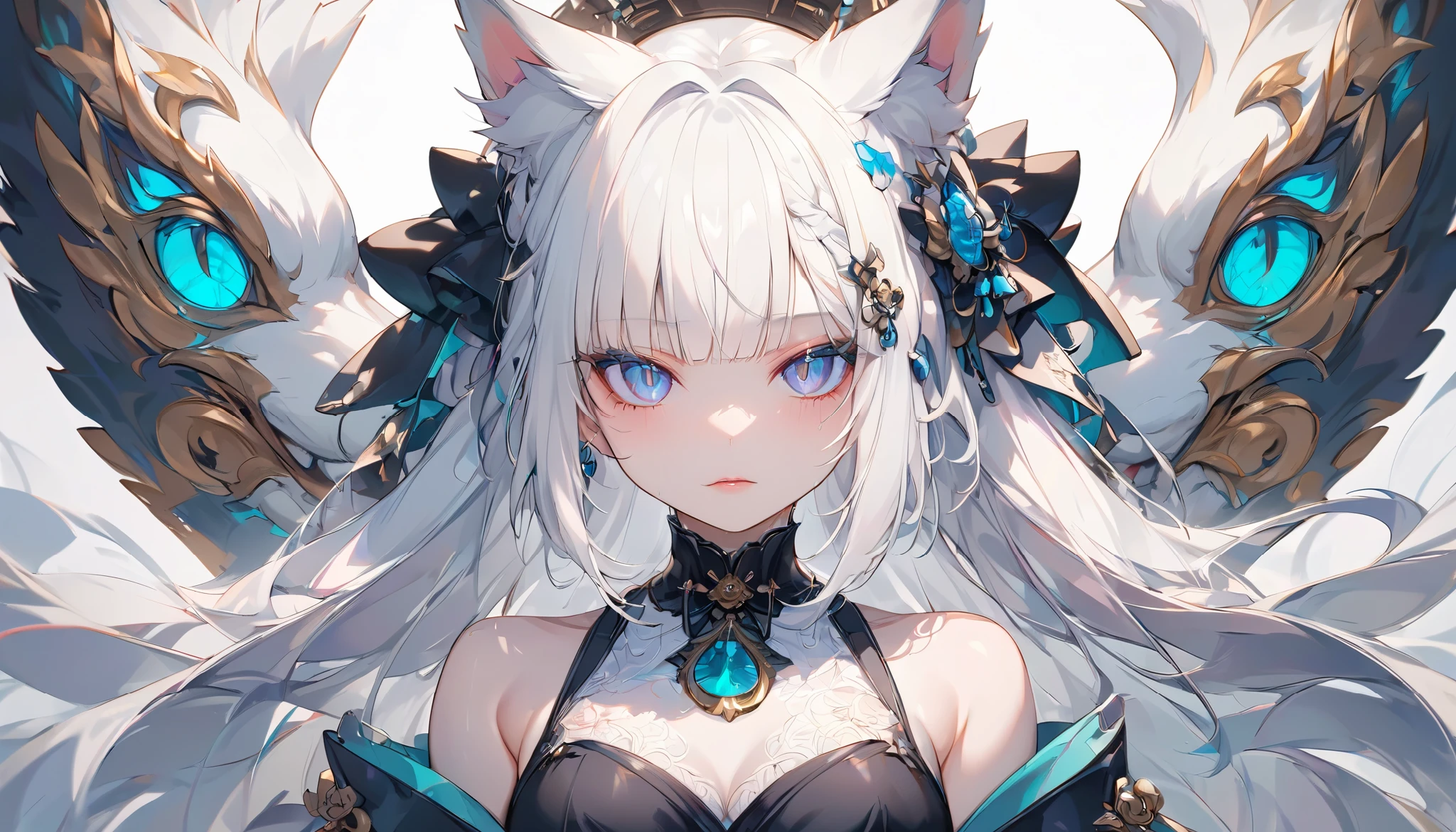 (((Best quality, 8k, Masterpiece: 1.3)), ((best quality)), ((masterpiece)), (detailed), perfect face, perfect body, (detailed skin:1.3), (intricate details), white hair, hime cut, cat ears, wolf cut hair, cowboy shot