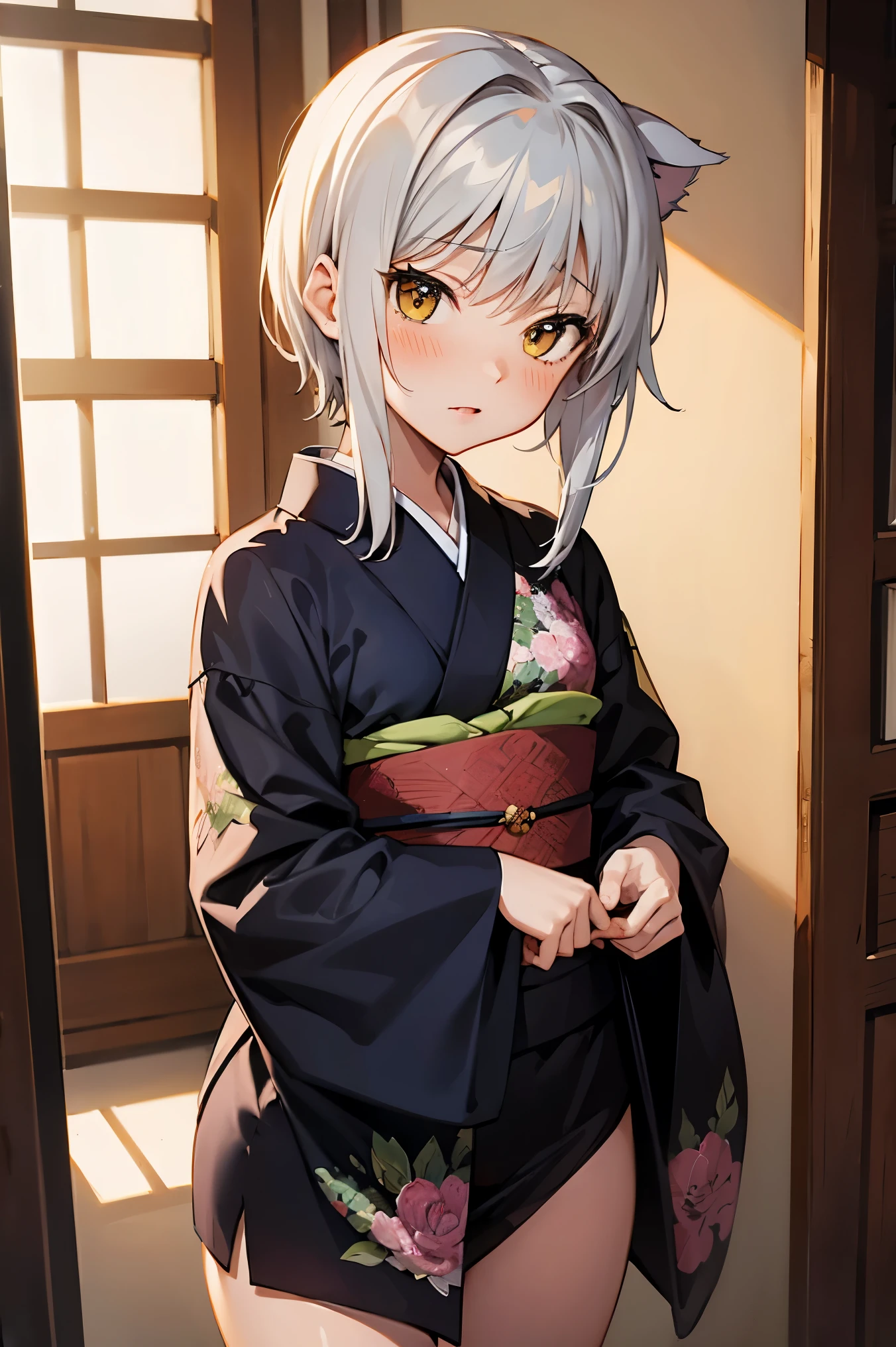 NSFW,masterpiece, top quality, high definition , very detailed,Tacheng kitten,Gray Hair, shorthair, kimono,kimono,blush