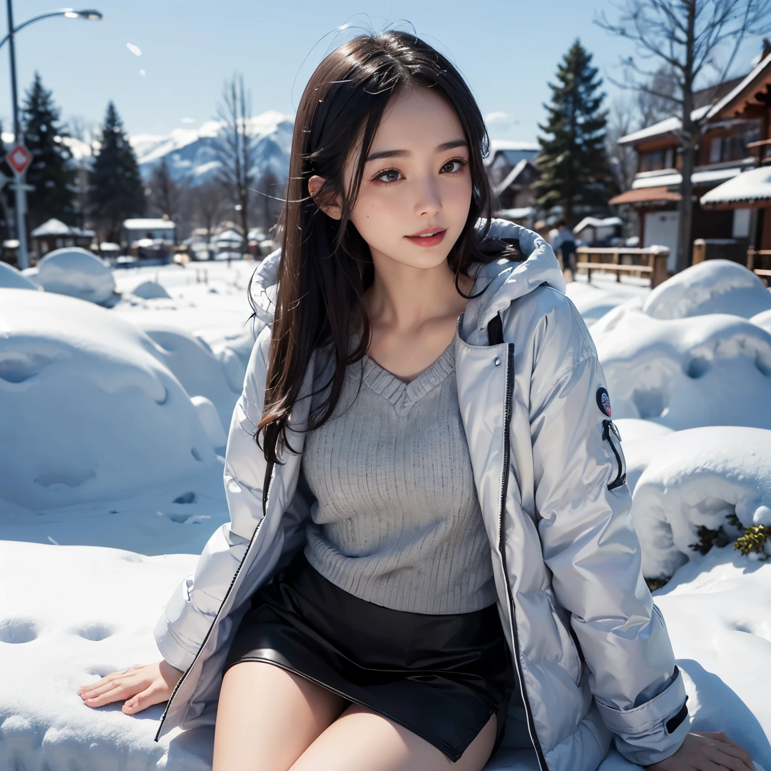 Hundreds of candles lit in a snow cave in Snow Country, Sweater and skirt, wonderful, masterpiece, At night, Cute girl smiling, Crouching down, looking straight ahead