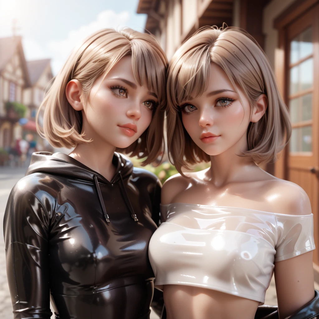 2 girls, Medium hair,  light brown hair , Lens reflection,  reflecting light , In extremely tight shiny latex strapless shirt, hooded, go into town, 