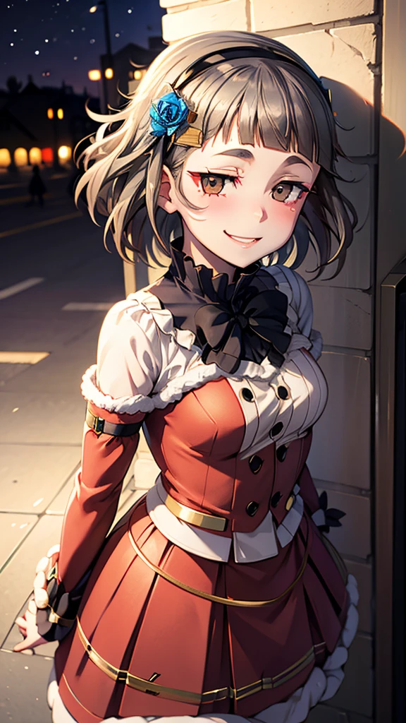 (((solo))), 1 woman, Sakuya Kurobane, sakuyaunif, kurobane_sakuya, (brown eyes), short hair, grey hair, black hairband, blue hair flower, red eyeliner, chest, blush, smile, (upper body), santa claus