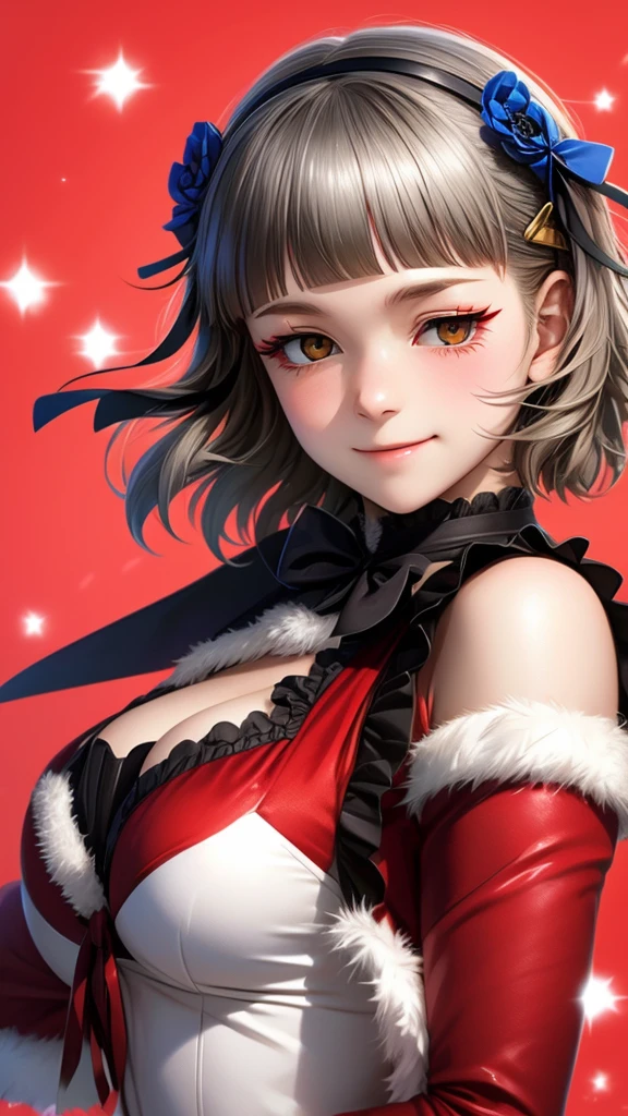 (((solo))), 1 woman, Sakuya Kurobane, sakuyaunif, kurobane_sakuya, (brown eyes), short hair, grey hair, black hairband, blue hair flower, red eyeliner, chest, blush, smile, (upper body), santa claus