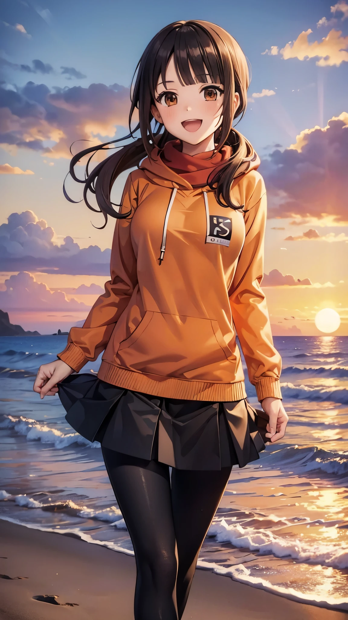 (top quality, greatest masterpiece),okitasawa,low twintale ,(orange hoodie),black long skirt,pantyhose,  anatomically correct body ,very detailed facial features,  beautiful and perfect face,(:d:1.3),Sunset sky,sea, sandy beach, looking at the camera,The setting sun,red cheek:1.3,red Scarf