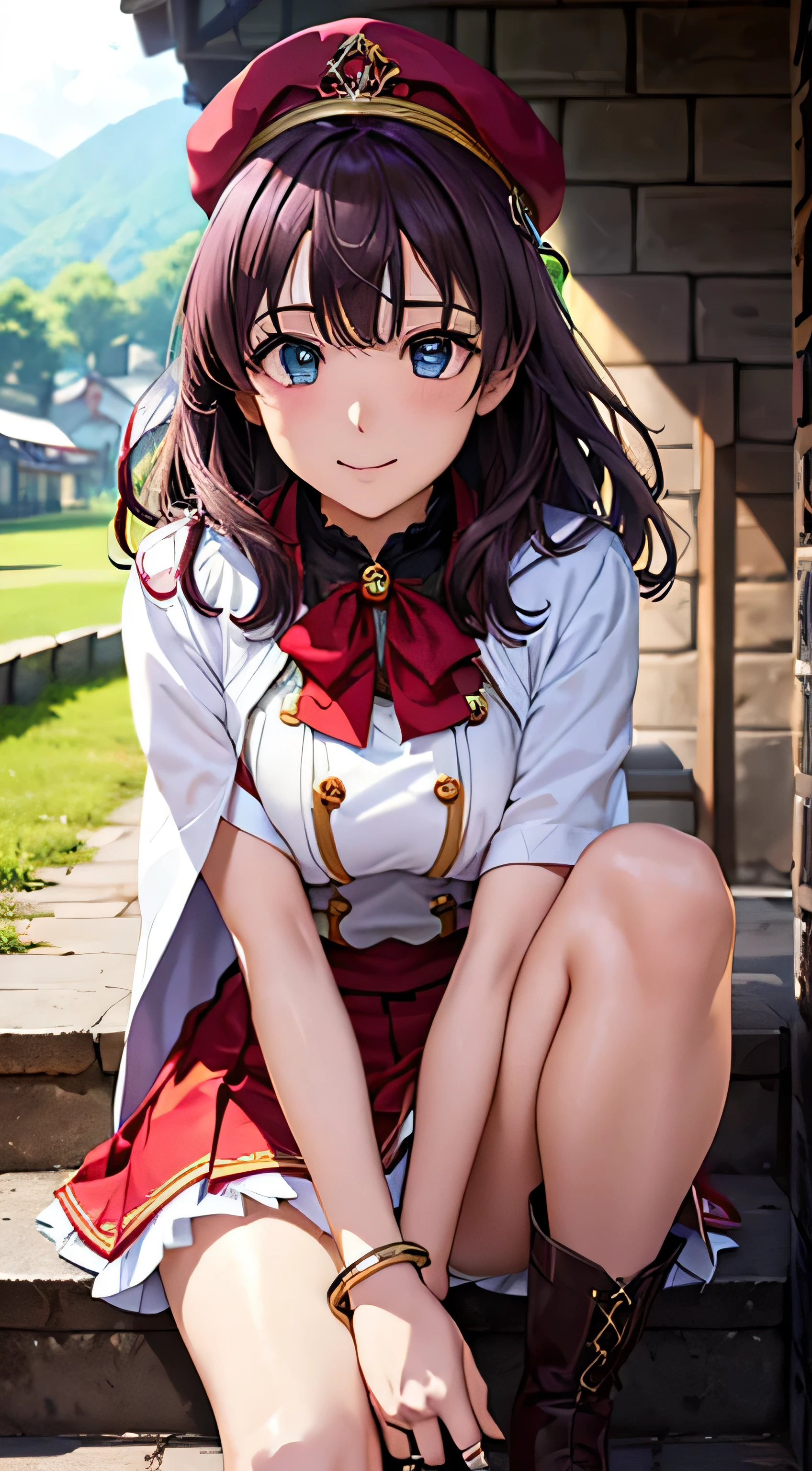 (( masterpiece on penis , top quality, is high definition , , Perfect Pixel , 4K, ))), 1 female, 、 And my whole body 、 ((( Light purple straight hair ))),( bangs, ), (( beautiful eyes , Beautiful eyelashes, Real Eyes )), (( detail face , )), (( smooth texture:0.75, realistic texture :0.65, photorealistic:1.1, anime CG style)), medium sized breasts facing upwards, Dynamic Angle , perfect body, (( Princess Outfits 、()、 detailed bracelet background 、 red hat 、gorgeous white coat 、white and red flared skirt 、 leather boots、Ring of Gold ))、、、 gravure idol pose with bangs at an angle、、、 very embarrassed and panicked smile、、、 (、Ancient castle town 、Sit on the stairs、 sit with one leg standing 、、)、