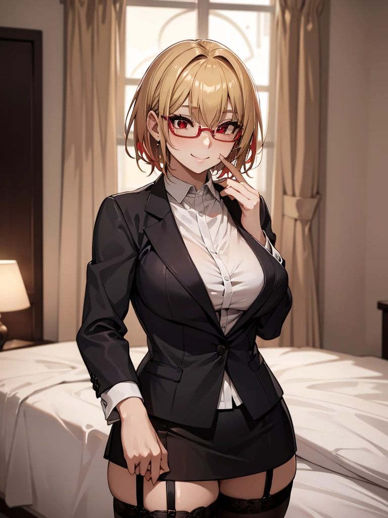 (​masterpiece, top-quality, hight resolution, Unity 8k, extremely details CG:1, Best Picture), Upper body, ((blonde hair, (red eyes:1.5), short hair,)), "A luxurious hotel room at night, dimly lit with soft pink and seductive lighting, creating an intimate ambiance. The scene features a glamorous businesswoman dressed in a tight pencil skirt with a high slit, paired with sheer black stockings and a visible garter belt. She wears a fitted blazer slightly unbuttoned to reveal a deep neckline, exuding confidence and allure. Her sleek high heels complement the outfit, and she adjusts her fashionable glasses with a teasing, sultry smile. The setting feels luxurious and sensual, perfectly matching the mood of a romantic or provocative scene."